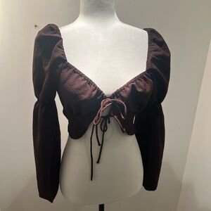 H&M Brown Long Sleeve Crop Blouse with Tie Front